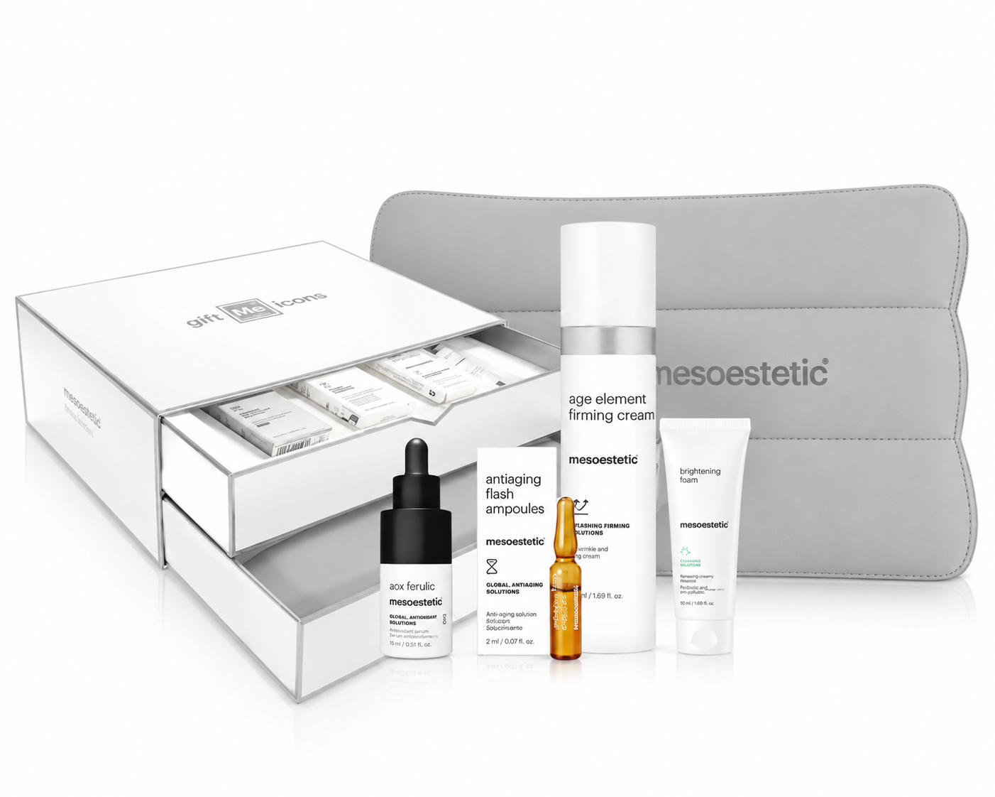 Lifting Routine Mesoestetic - Kit reafirmante con Age Element Firming Cream, AOX Ferulic, Antiaging Flash Ampoules, Brightening Foam mini y neceser de regalo
