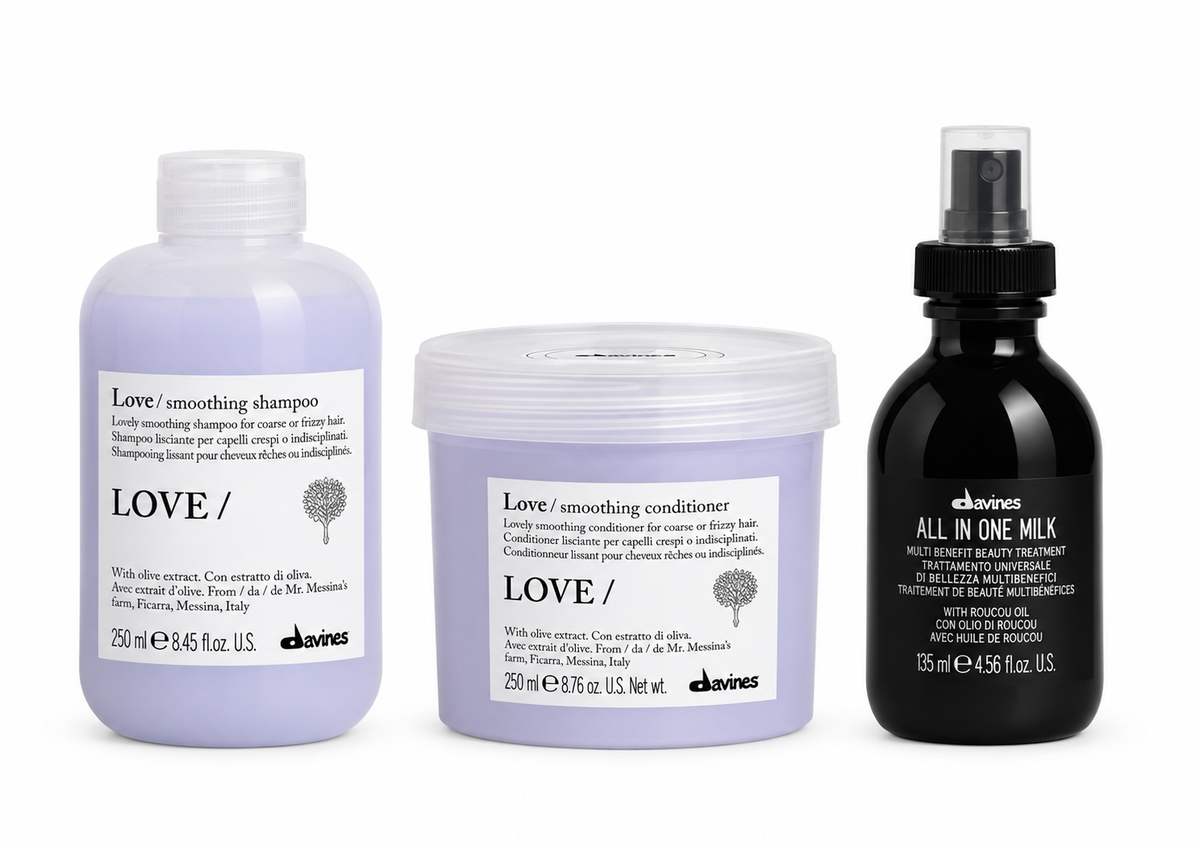 Pack Davines LOVE Smoothing: Champú 250 ml + Acondicionador 250 ml + OI All In One Milk 135 ml