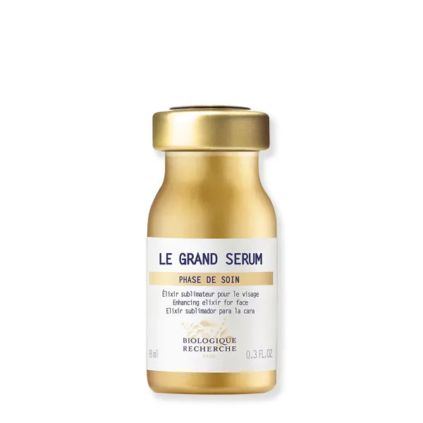 Serum facial antiedad L Grand Serum de biologique Recherche, envase dorado con etiqueta blanca, para el cuidado de la piel