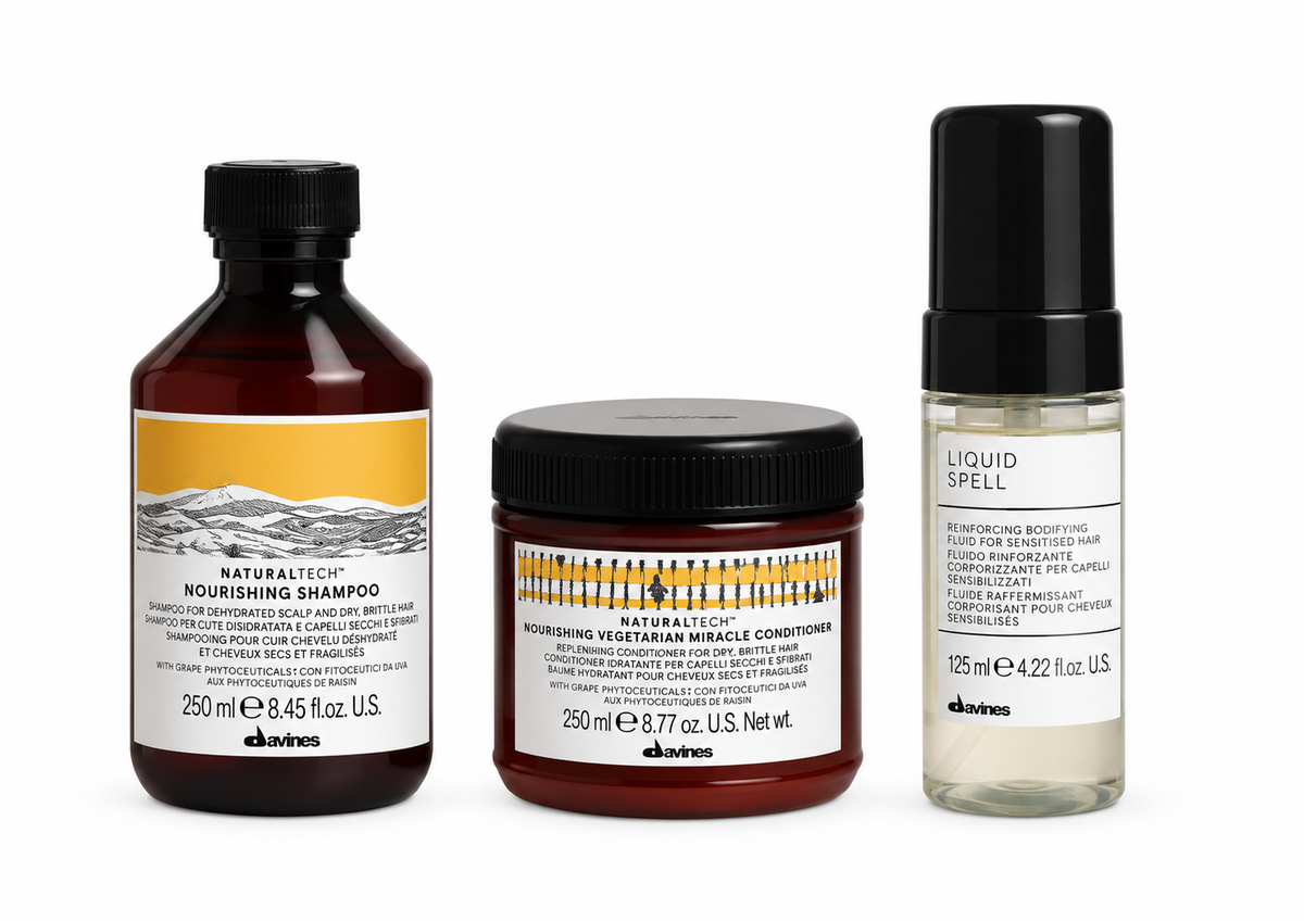 Pack Davines Nourishing: Champú 250 ml + Acondicionador 250 ml + Liquid Spell 125 ml