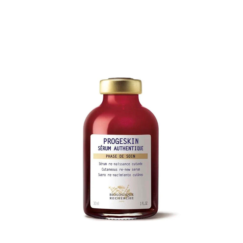 frasco rojo Sérum reafirmante Biologique Recherche Progeskin en fondo blanco