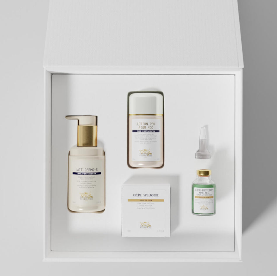 Pack regalo facial de biologique recherche con limpiador, tratamiento, crema facial y serum. Rutina completa de cuidado de la piel en formato set