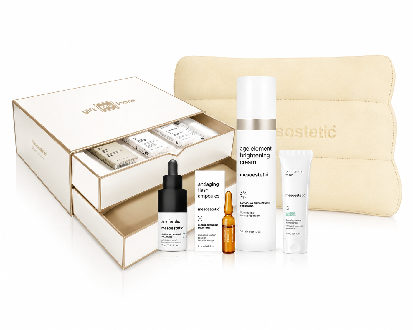 Glowing Routine Mesoestetic - Kit iluminador con Age Element Brightening Cream, AOX Ferulic, Antiaging Flash Ampoule y neceser de regalo